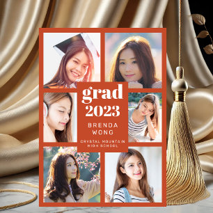 Graduation 6 Photo Collage White Script Orange Announcement