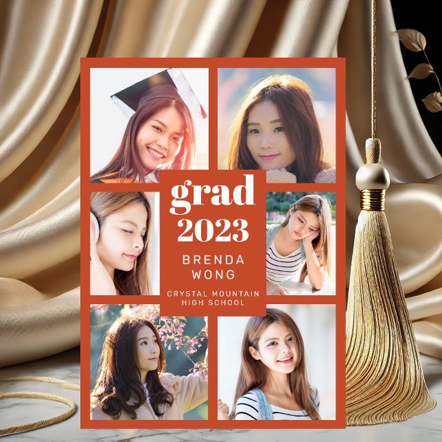 Graduation 6 Photo Collage White Script Orange Announcement (Modern Orange White Six Photo Graduation Announcement)