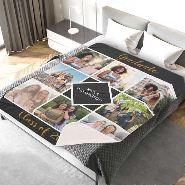Graduation 8 Photo Grid Black and Gold Graduate Sherpa Blanket (Creator Uploaded)