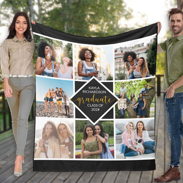 Graduation 8 Photo Grid Collage in Black and Gold Fleece Blanket (Creator Uploaded)