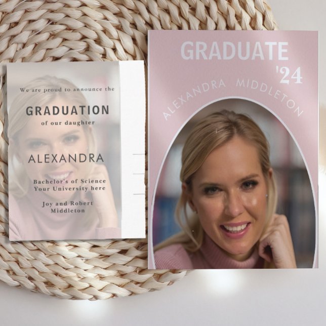 Graduation Annoucement Pink Modern Grad Photo  Postcard (Creator Uploaded)
