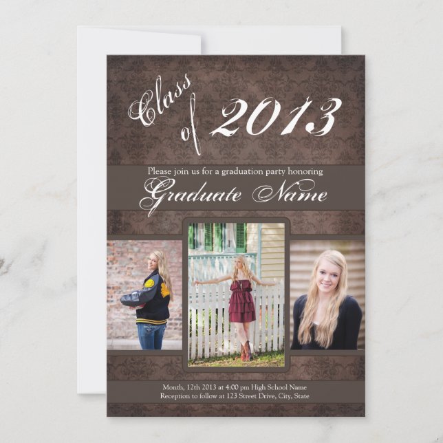 Graduation Announcement - 4 Photo Grunge Damask (Front)