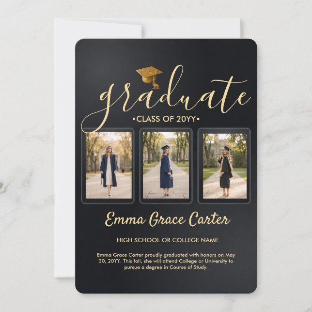 Graduation Announcement Black Gold Collage (Front)
