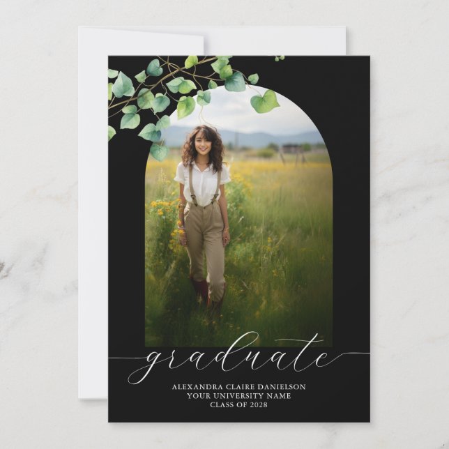Graduation Announcement Boho Arch Ivy, Black (Front)