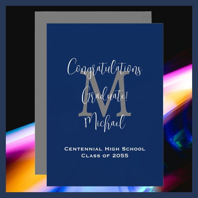 Graduation Announcement, Name Navy Blue White Grey Invitation (Creator Uploaded)