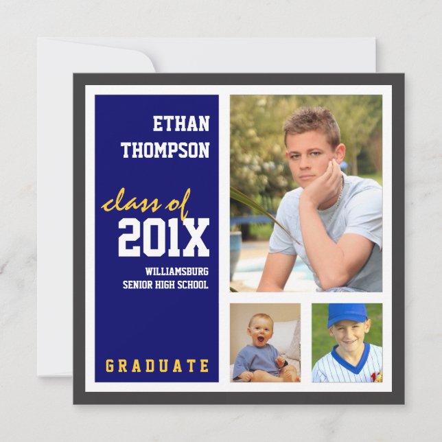 Graduation Announcement with 3 Photos Blue Gold (Front)