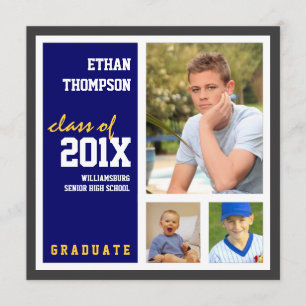 Graduation Announcement with 3 Photos Blue Gold