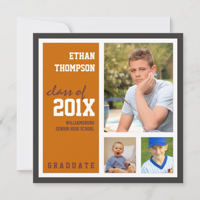 Graduation Announcement with 3 Photos Orange (Front)