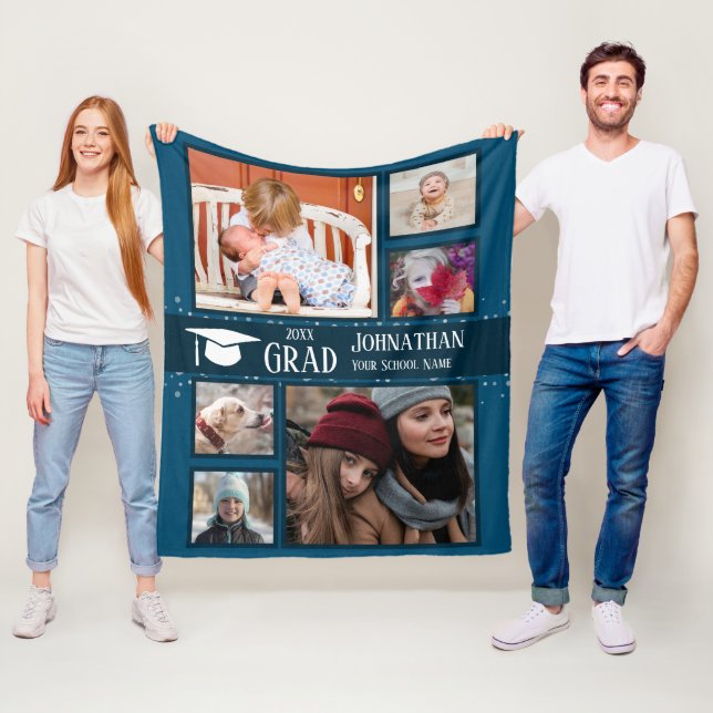Graduation Any Year Multi photo Blue Fleece Blanket (In Situ)