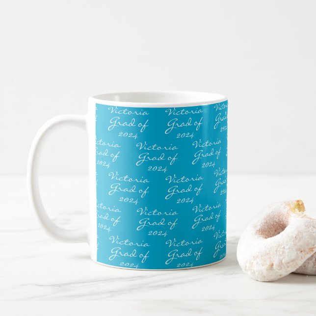 Graduation Aqua Blue Personalised Grad Coffee Mug (With Donut)