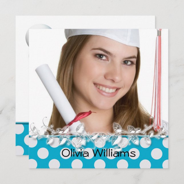 graduation aqua polka dot border invitation (Front/Back)