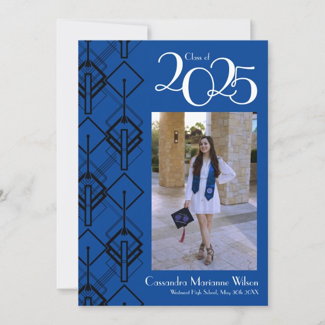 Graduation Art Deco Black Blue Announcement (Front)