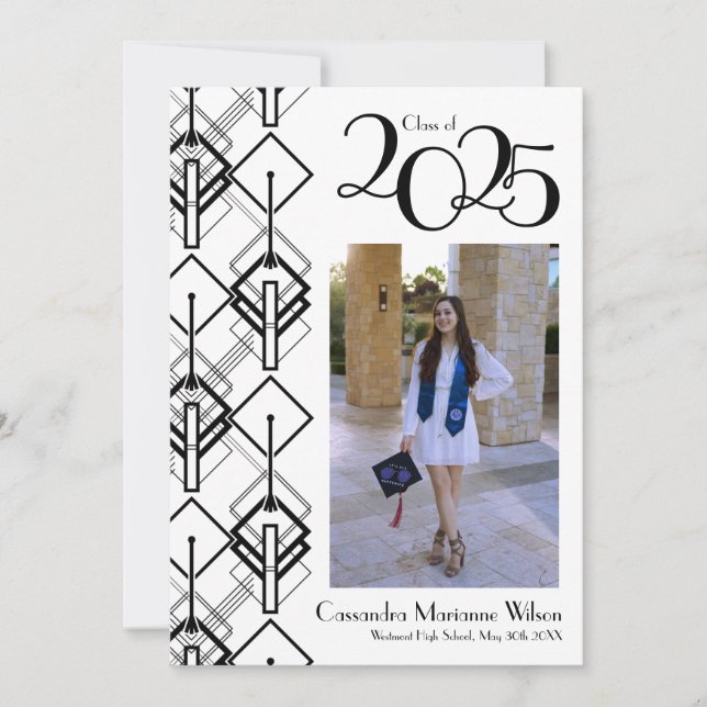Graduation Art Deco Black White Announcement (Front)