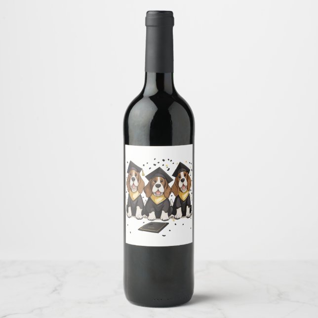 Graduation Basset Hound Dogs Wine Label (Front)