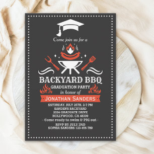 Graduation BBQ Backyard Black Invitation
