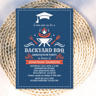 Graduation BBQ Backyard Navy Blue Invitation