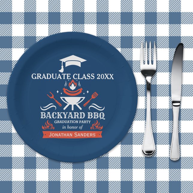 Graduation BBQ Backyard Navy Blue Paper Plate (Creator Uploaded)