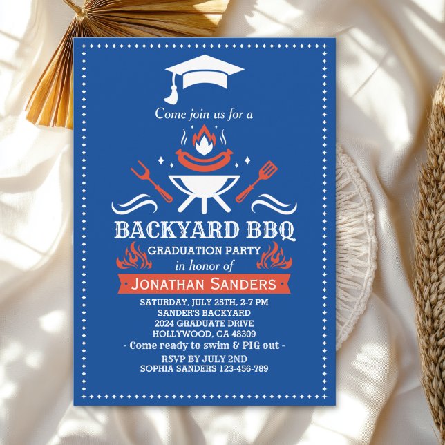 Graduation BBQ Backyard Royal Blue Invitation (Creator Uploaded)
