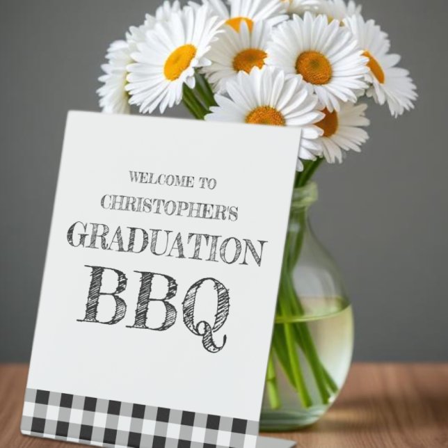Graduation BBQ Gingham Pedestal Sign (Creator Uploaded)