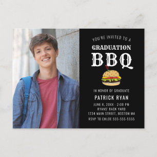 Graduation BBQ Party Black White Invitation Postcard