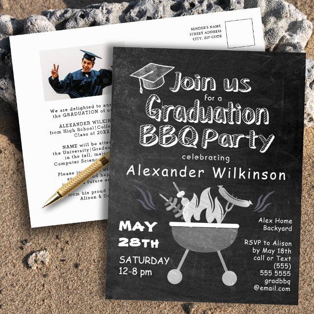 Graduation BBQ Party Chalkboard Photo Invitation Postcard (Creator Uploaded)