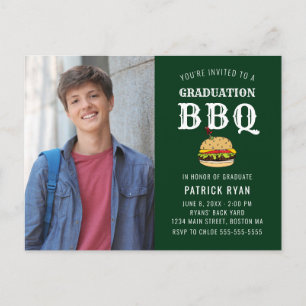 Graduation BBQ Party Green White Stripe Invitation Postcard