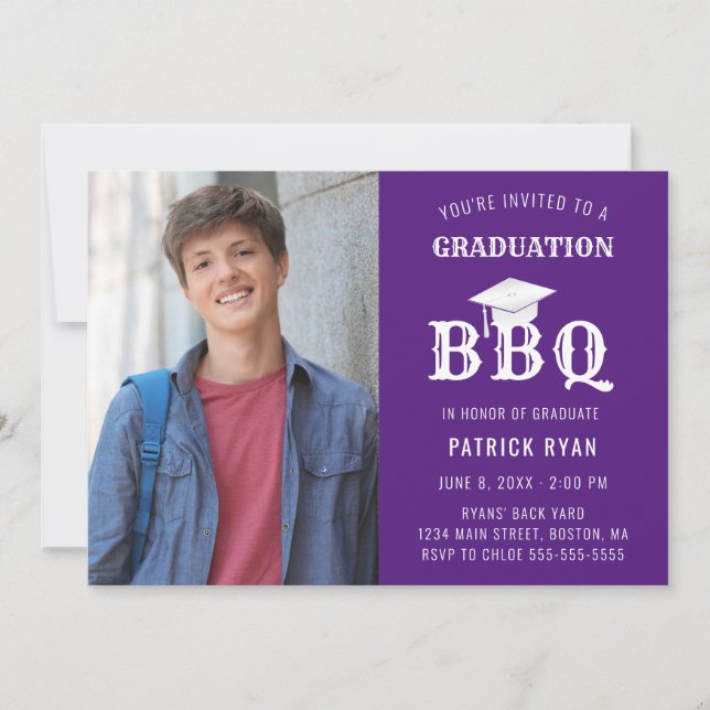 Graduation BBQ Party Photo Purple White Grad Cap Announcement (Front)