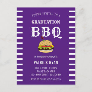 Graduation BBQ Party Purple White Stripe Invite Postcard