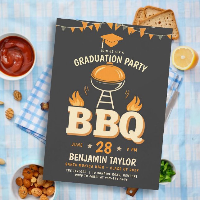 Graduation BBQ Party Rustic Country Western Black Invitation (male high school graduation party ideas bbq party invitations college grad template rustic backyard )
