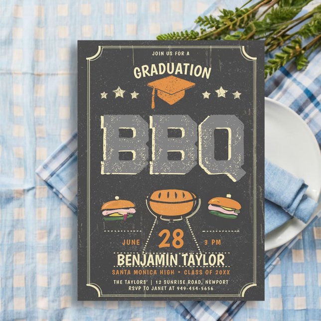 Graduation BBQ Party Rustic Cowboy Country Black Invitation (male high school graduation party ideas bbq party invitations college grad template rustic country)