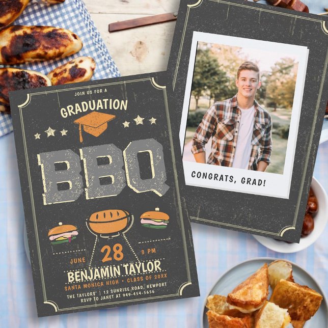 Graduation BBQ Party Rustic Cowboy Country Photo Invitation (male high school graduation party ideas bbq party invitations grad photo template rustic country)