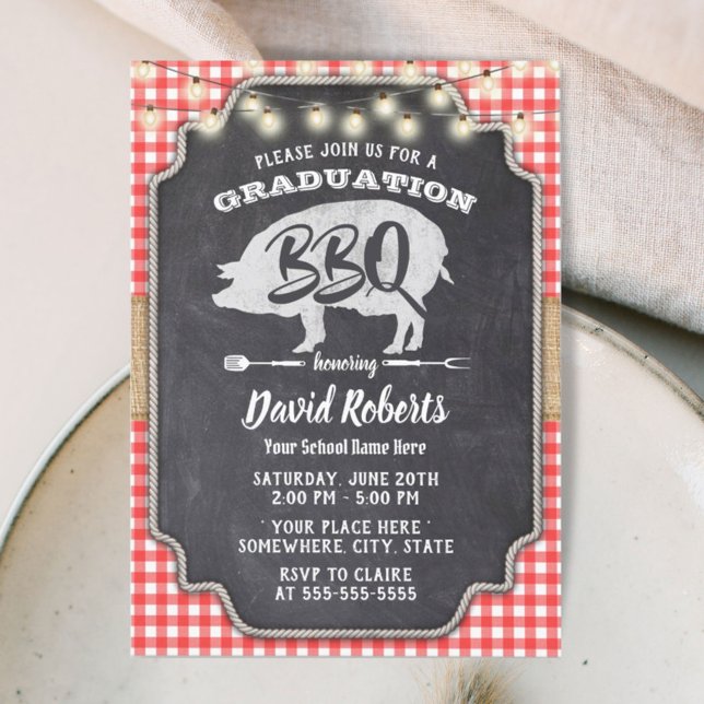 Graduation BBQ Rustic Chalkboard Red Gingham Invitation (Creator Uploaded)
