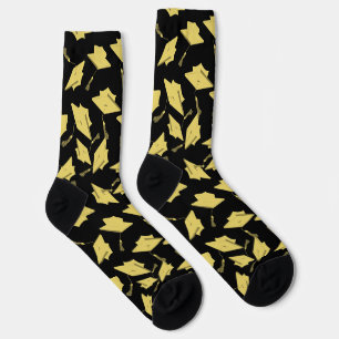 Graduation Black and Gold Caps in the Air Socks