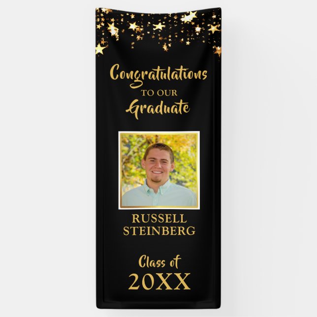 Graduation Black and Gold Stars Photo Door Banner (Vertical)