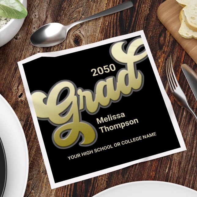 Graduation Black and Gold Typography Party Napkin (Graduation gold gradient "Grad" typography paper cocktail napkin.)