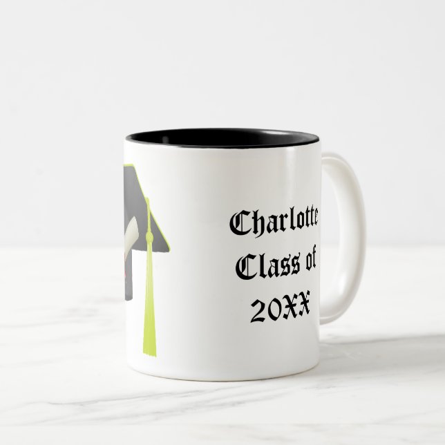 Graduation Black Cap Class of 20XX Add Name Two-Tone Coffee Mug (Front Right)