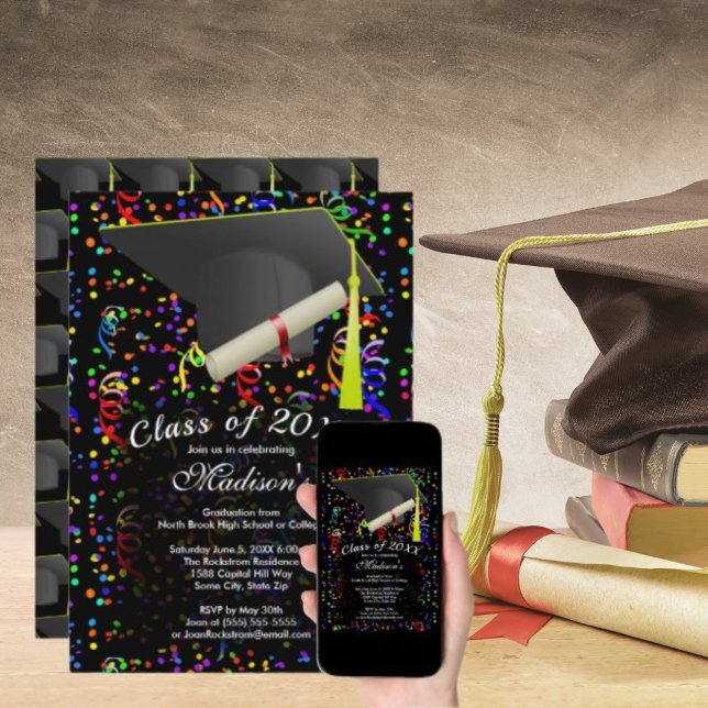 Graduation Black Cap Diploma Confetti Black Party Invitation (Graduation Black Cap Diploma Confetti Black Party Invitation)