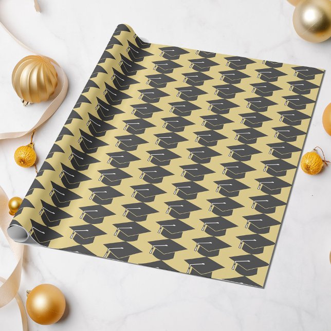 Graduation Black Cap on Gold Background Wrapping Paper (Creator Uploaded)