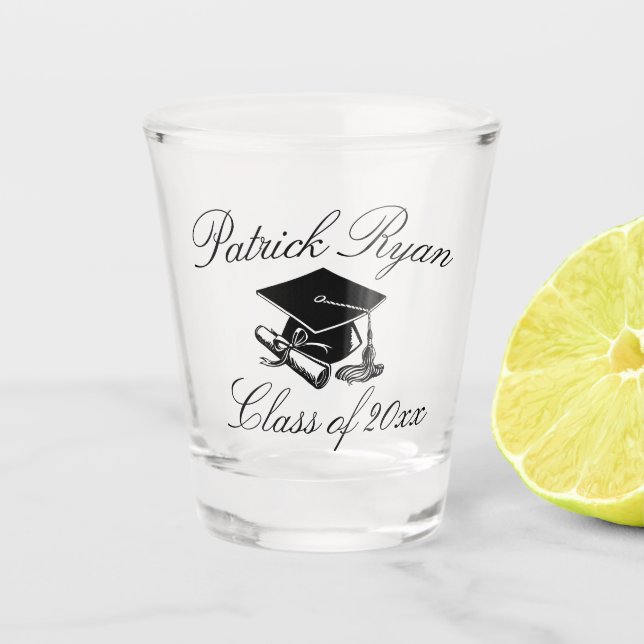 Graduation Black Gad Cap Script Name Class of 2023 Shot Glass (Front)