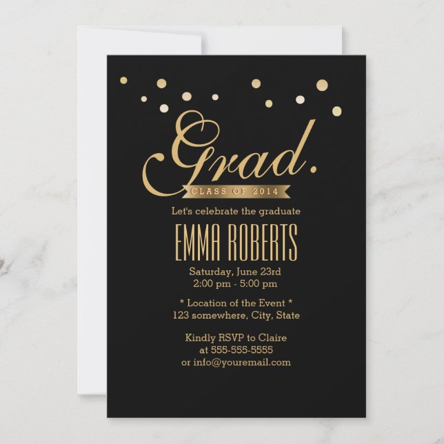 Graduation Black & Gold Confetti Dots Announcement (Front)
