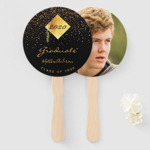 Graduation black gold confetti photo hand fan