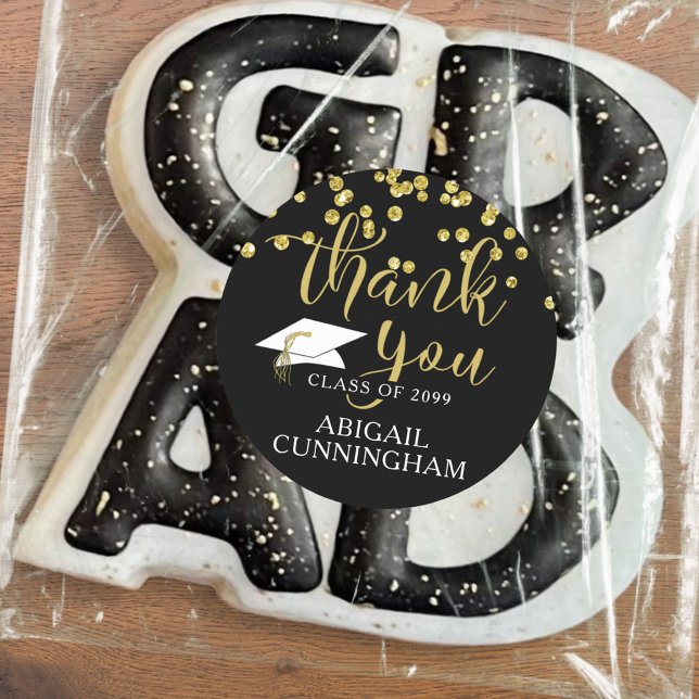 Graduation Black & Gold Confetti Script THANK YOU Classic Round Sticker (Creator Uploaded)