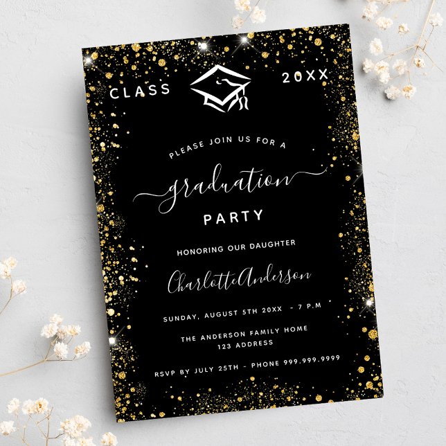 Graduation black gold glitter dust invitation (Creator Uploaded)