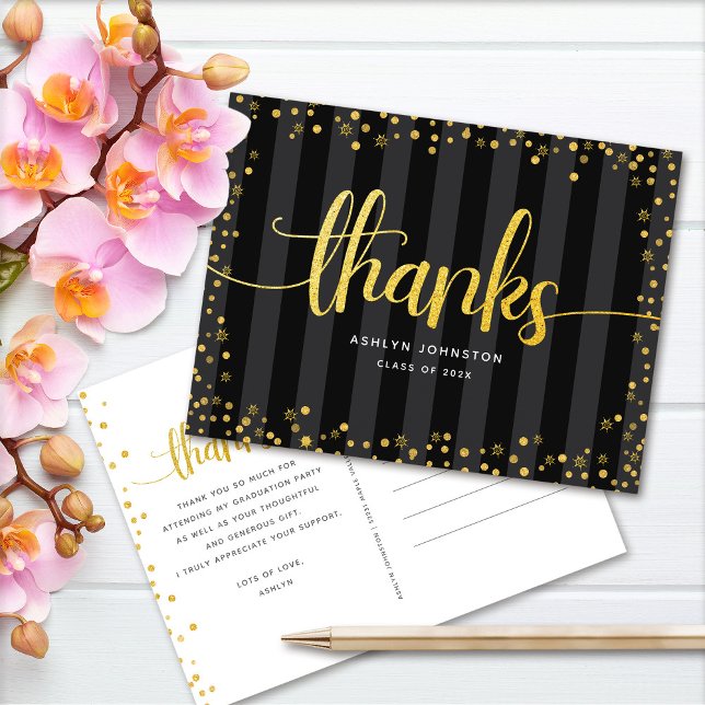 Graduation black gold glitter script thank you postcard (Creator Uploaded)