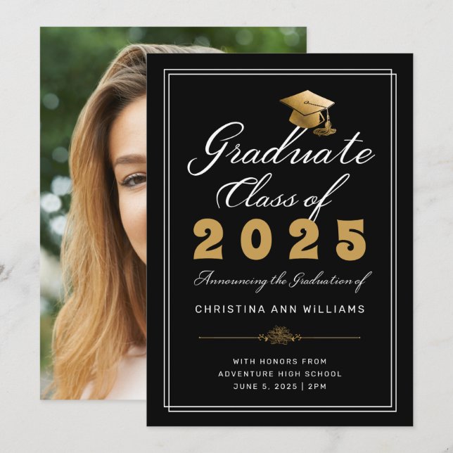 Graduation Black Gold Script Photo Class of 2021 Announcement (Front/Back)