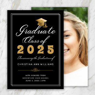 Graduation Black Gold Script Photo Class of 2025 Announcement