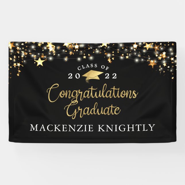 Graduation Black Gold Stars Lights Confetti Script Banner (Horizontal)