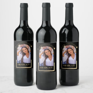Graduation Black Gold Sun Moon Stars Grad Photo Wine Label