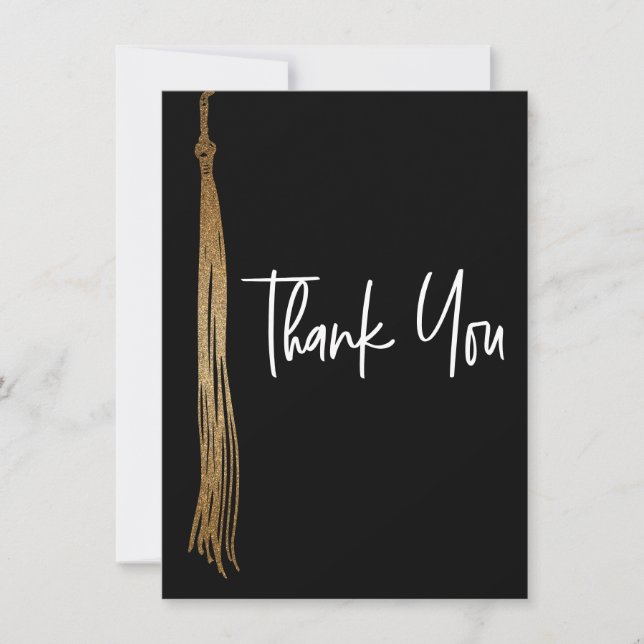 Graduation Black Gold Tassel Modern Handwritten Thank You Card (Front)