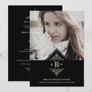 Graduation Black Golden Chic Lace Romantic Photo Invitation